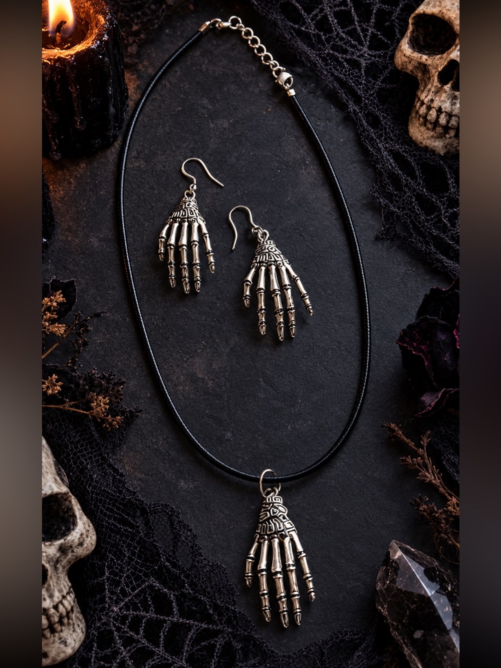 Silver Skeleton Hand Necklace and Earrings Set - Black Cord / Halloween Gothic